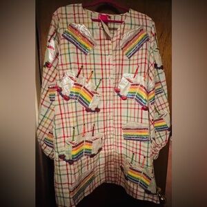 SOLD - QUEEN OF SPARKLES - Plaid Long Sleeve Dress w/Sequined Rainbow Cake NWT